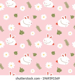 Seamless Pattern with Rabbit, Flower and Leaf Design on Pink Background