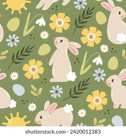 Nahtlose Muster mit Kaninchen, Blumen, Eiern. Vektorflache Illustration für Wallpaper, Umhüllung, Textilien.