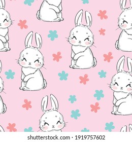 Seamless Pattern Rabbit and flowers. Hand Drawn Bunny, print design background. Vector Print Textile for Kids Fashion.