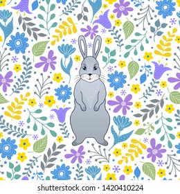 Seamless pattern with rabbit and flowers on white background