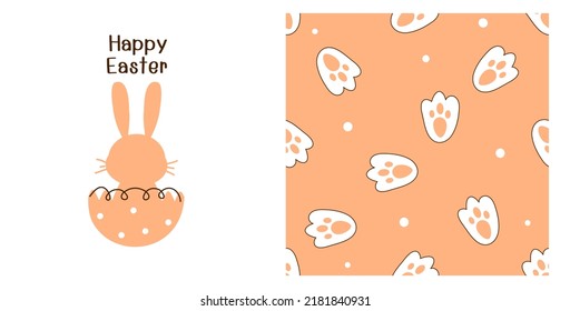 Seamless Pattern With Rabbit Foot And Dots On Orange Background. Rabbit Cartoon And Eggshell Isolated On White Background Vector Illustration. Happy Easter. 