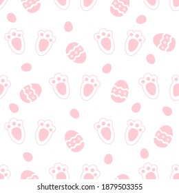 Seamless pattern with rabbit foot prints and Easter eggs on white background vector illustration. 