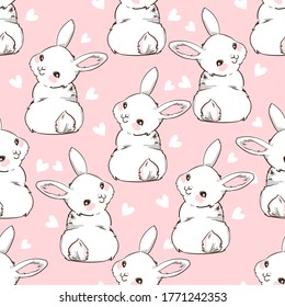 Seamless Pattern Rabbit. Hand Drawn Bunny and heart, print design rabbit background. Vector Seamless. Print Design Textile for Kids Fashion.