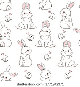 Seamless Pattern Rabbit. Hand Drawn Bunny and a little bird, print design rabbit background. Vector Seamless. Print Design Textile for Kids Fashion.