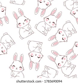 Seamless Pattern Rabbit. Hand Drawn Bunny, print design rabbit background. Vector Seamless. Print Design Textile for Kids Fashion.