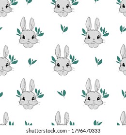 Seamless Pattern Rabbit. Hand Drawn Bunny, print design rabbit white background. Seamless. Print Design Textile for Kids Fashion.