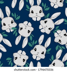 Seamless Pattern Rabbit. Hand Drawn Bunny, print design rabbit background. Blue Seamless. Print Design Textile for Kids Fashion.