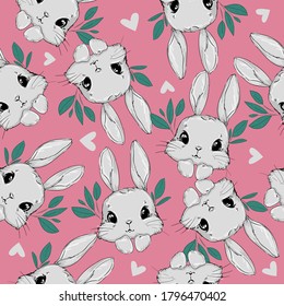 Seamless Pattern Rabbit. Hand Drawn Bunny, print design rabbit background. Print Seamless. Print Design Textile for Kids Fashion.