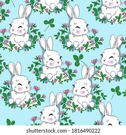 Seamless Pattern Rabbit Hand Drawn Bunny and clover print design rabbit background Seamless Print Design Textile for Kids Fashion