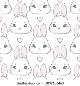 Seamless pattern rabbit hand drawn bunny and heart print design rabbit background vector illustration seamless print design textile for kids fashion