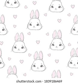 Seamless pattern rabbit hand drawn bunny and heart print design rabbit background vector illustration seamless print design textile for kids fashion