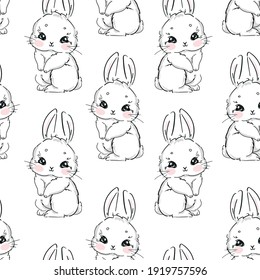 Seamless Pattern Rabbit. Hand Drawn Bunny, print design rabbit background. Vector Textile for Kids Fashion.