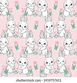 Seamless Pattern Rabbit. Hand Drawn Bunny, print design rabbit background. Vector Design Textile for Kids Fashion.