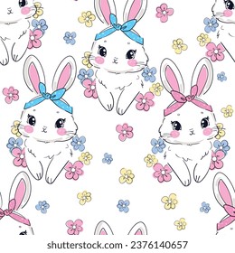 Seamless Pattern Rabbit. Hand Drawn Bunny and flowers, print design rabbit background. Vector Seamless. Print Design Textile for Kids Fashion.