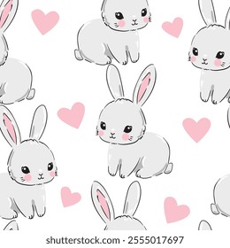 Seamless Pattern Rabbit. Hand Drawn Bunny and heart, print design rabbit background. Vector Seamless. Print Design Textile for Kids Fashion.