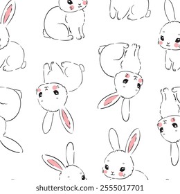 Seamless Pattern Rabbit. Hand Drawn Bunny and heart, print design rabbit background. Vector Seamless. Print Design Textile for Kids Fashion.