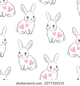 Seamless Pattern Rabbit. Hand Drawn Bunny and heart, print design rabbit background. Vector Seamless. Print Design Textile for Kids Fashion.