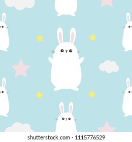 Seamless Pattern Rabbit hare head, hands. Cloud, star shape. Cute cartoon kawaii character. Baby pet collection. Wrapping paper, textile template. White background. Flat design. Vector illustration