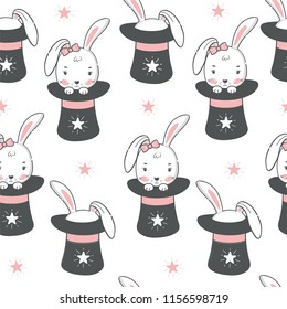 Seamless pattern with rabbit in hat. Vector illustration