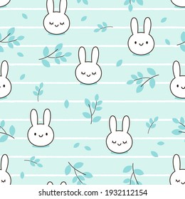 Seamless pattern with rabbit head ang green leaves on stripe background vector illustration.