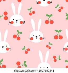 Seamless pattern with rabbit head and cherry fruit on pink background vector illustration. Cute childish print.