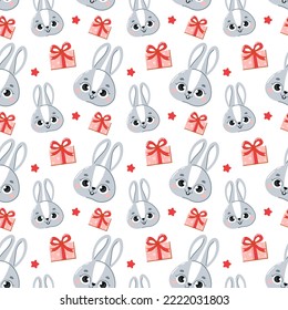 Seamless pattern with rabbit head and gift. Pattern on the fabric. Vector illustration.