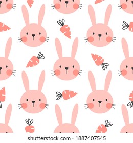 Seamless pattern with rabbit head and hand drawn carrots on white background vector illustration. Cute cartoon character.