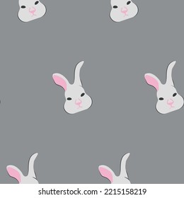 Seamless pattern with rabbit head on grey background