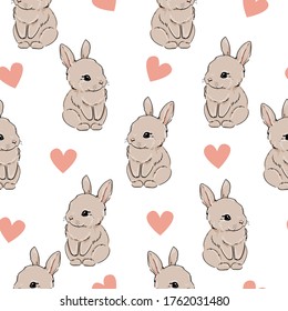 Seamless pattern Rabbit and Heart. Hand Drawn Cute Bunny Pattern, print design background, children print textile design.