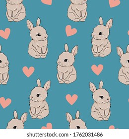 Seamless pattern Rabbit and Heart. Hand Drawn Cute Bunny Pattern, print design background, children print textile design.