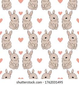 Seamless pattern Rabbit and Heart. Hand Drawn Cute Bunny Pattern, print design background, children print textile design.