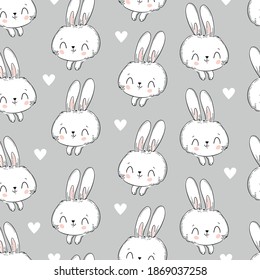 Seamless pattern rabbit and heart hand drawn bunny print design rabbit background vector seamless print design textile for kids fashion.