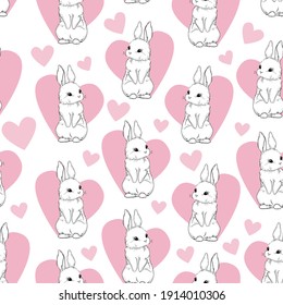Seamless pattern Rabbit and Heart. Hand Drawn Cute Bunny Pattern, print design background, children print textile design.