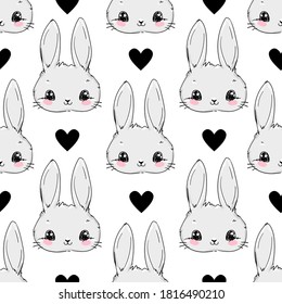 Seamless Pattern Rabbit and heart  white background bunny print design textile for kids fashion