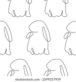 seamless pattern with a rabbit with long ears sitting on its paws and turned to the side in a line art style drawn with single lines