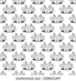 Seamless pattern - rabbit looks out of a hole. Spring flowers around. Easter picture of the lines on a white background. Monochrome picture. Printing for printing on fabric. Vector illustration