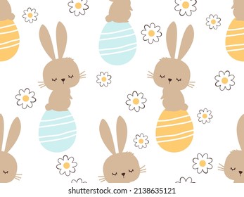 Seamless pattern with rabbit on Easter eggs, daisy flower garden vector illustration. 