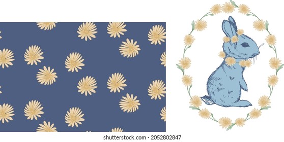patrón transparente con conejo en flores - ilustración vectorial, eps