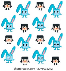 Seamless pattern of rabbit and penguin. Kids background with cute animals for textile