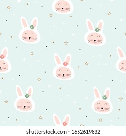 Seamless pattern A rabbit with a pink face and smiling happily Cute animal cartoon characters Used for printing, backgrounds, gift wrap, children's clothing, textiles, vector illustration