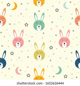 Seamless pattern A rabbit with a pink face and smiling happy Cute animal cartoon characters Used for printing, background, gift wrap, children's clothing, textile, vector illustration