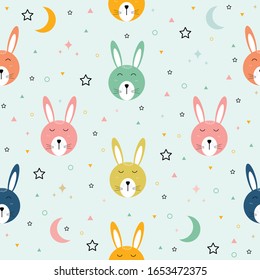 Seamless pattern A rabbit with a pink face and smiling happy Cute animal cartoon characters Used for printing, background, gift wrap, children's clothing, textile, vector illustration