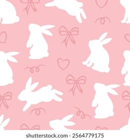 Seamless pattern with rabbit, ribbon, love on soft pink background. Silhouette hand drawn white rabbit, ribbon, and love textile wrapping pattern