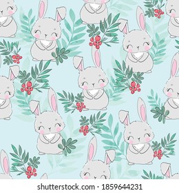 Seamless pattern rabbit  with rowan and leaves, bunny print design background vector textile for kids fashion