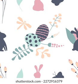 Seamless pattern with rabbit silhouette, eggs, wild flowers, leaves, dragonfly, butterflly. Happy Easter vector print. Spring holiday repeating background 