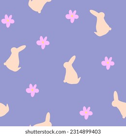 seamless pattern with rabbit silhouette and flowers on violet background,tender spring print for wallpaper,cover design,packaging,kids fashion,baby illustration,nursery decor.