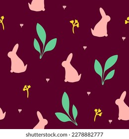 seamless pattern with rabbit silhouette and leaves on dark background,spring print for wallpaper,cover design,packaging,holiday decor, kids fashion,baby illustration, 2023 symbol.