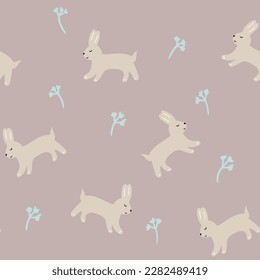 seamless pattern with rabbit silhouette and leaves,tender spring print for wallpaper,cover design,packaging,kids fashion,baby illustration,nursery decor and childish accessories