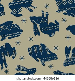 Seamless pattern rabbit silhouettes with ethnic pattern. North, Scandinavia, Yakutia.
