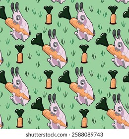 Seamless pattern with a rabbit. The rabbit sits on a meadow and hugs a carrot. Orange beautiful carrot. Pattern